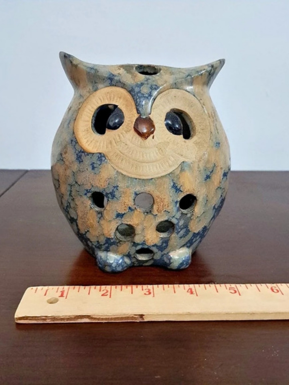 Ceramic Owl Candle Holder  Figurine Blue & Brown